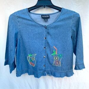 Vintage Excitation Denim Embroidered Appliqué Spring Summer Button Up Sz Medium